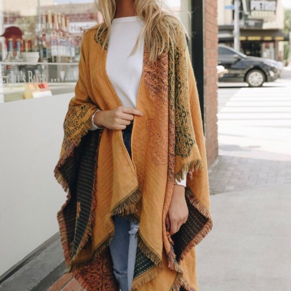 Mustard Floral Medallion Paisley Ruana Boho Wrap - Picture 4 of 5